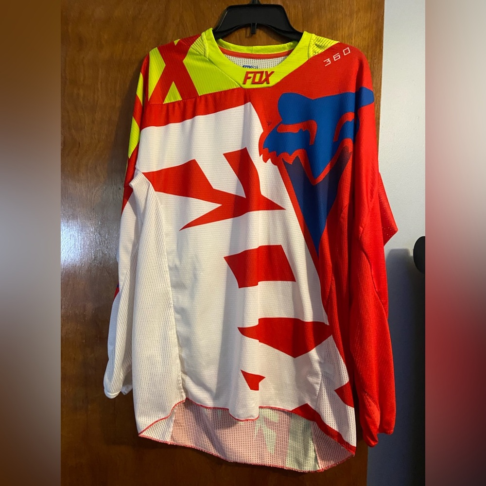 Fox Red White Neon Yellow Motocross Jersey with Blue Logo
